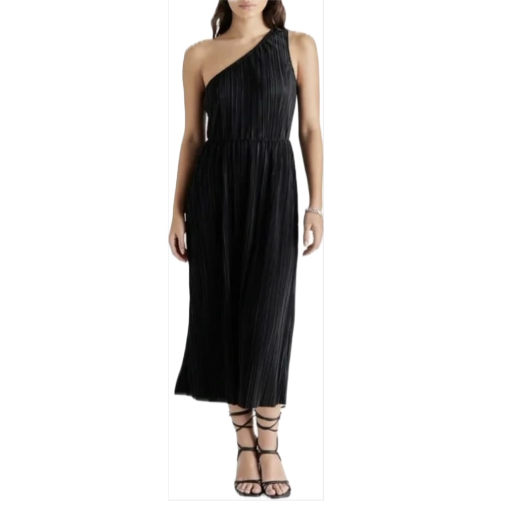 Steve Madden Plissé One-Shoulder Midi Dress Black Pleated Size Small NWT Prom
